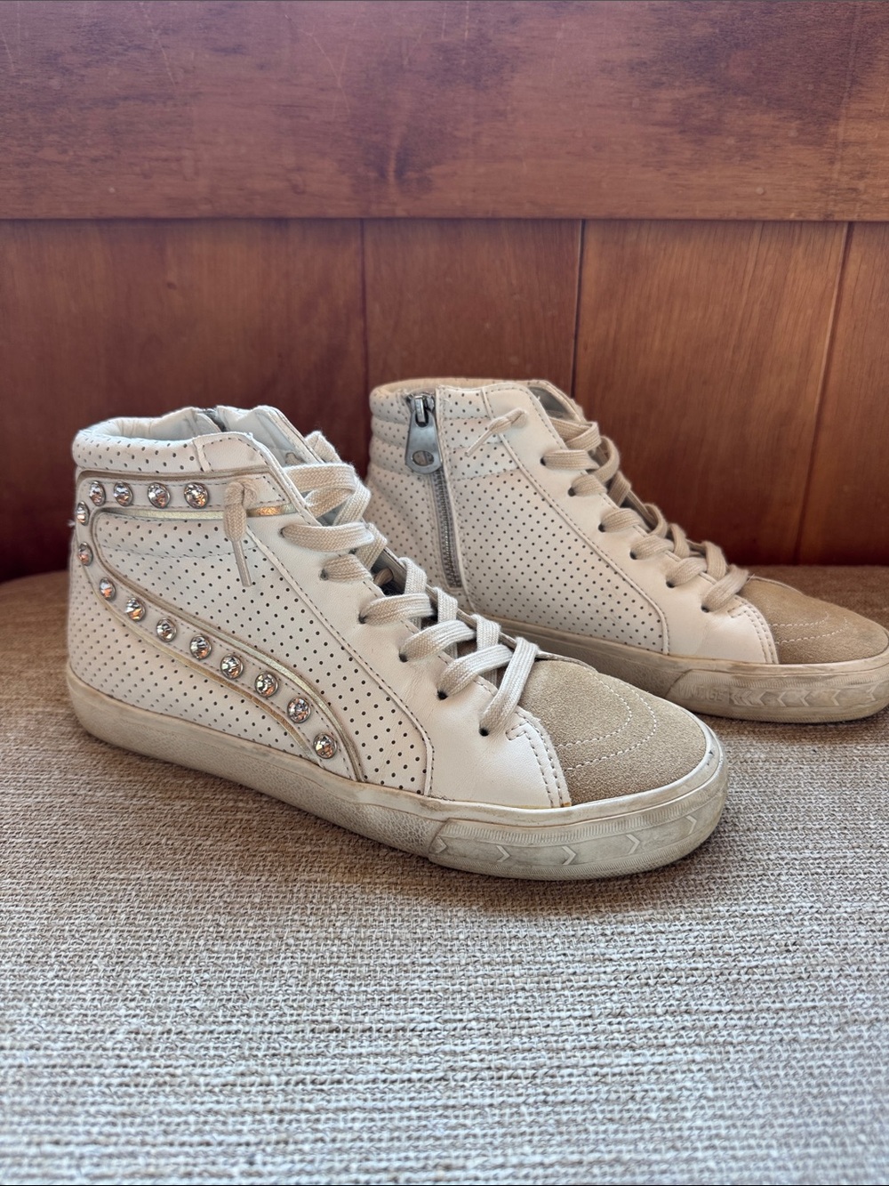 Vintage Havana High-Top Sneakers with Rhinestone Accent, zipper sides